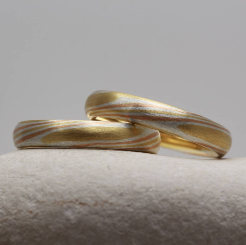 Handmade 18ct Gold Mokume Gane Wedding Ring Set, 1 of 4