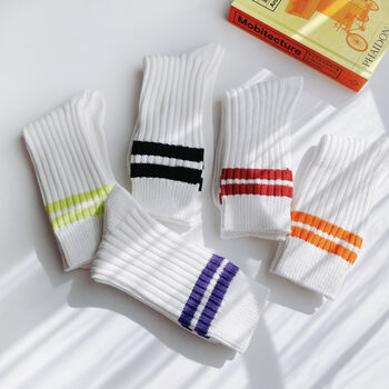 Striped Sporty Ribbed Cotton Socks: Unisex Tennis Socks, 2 of 7
