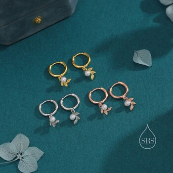 Sterling Silver Tiny Leaf And Natural Pearl Huggie Hoop Earrings, 9 of 11