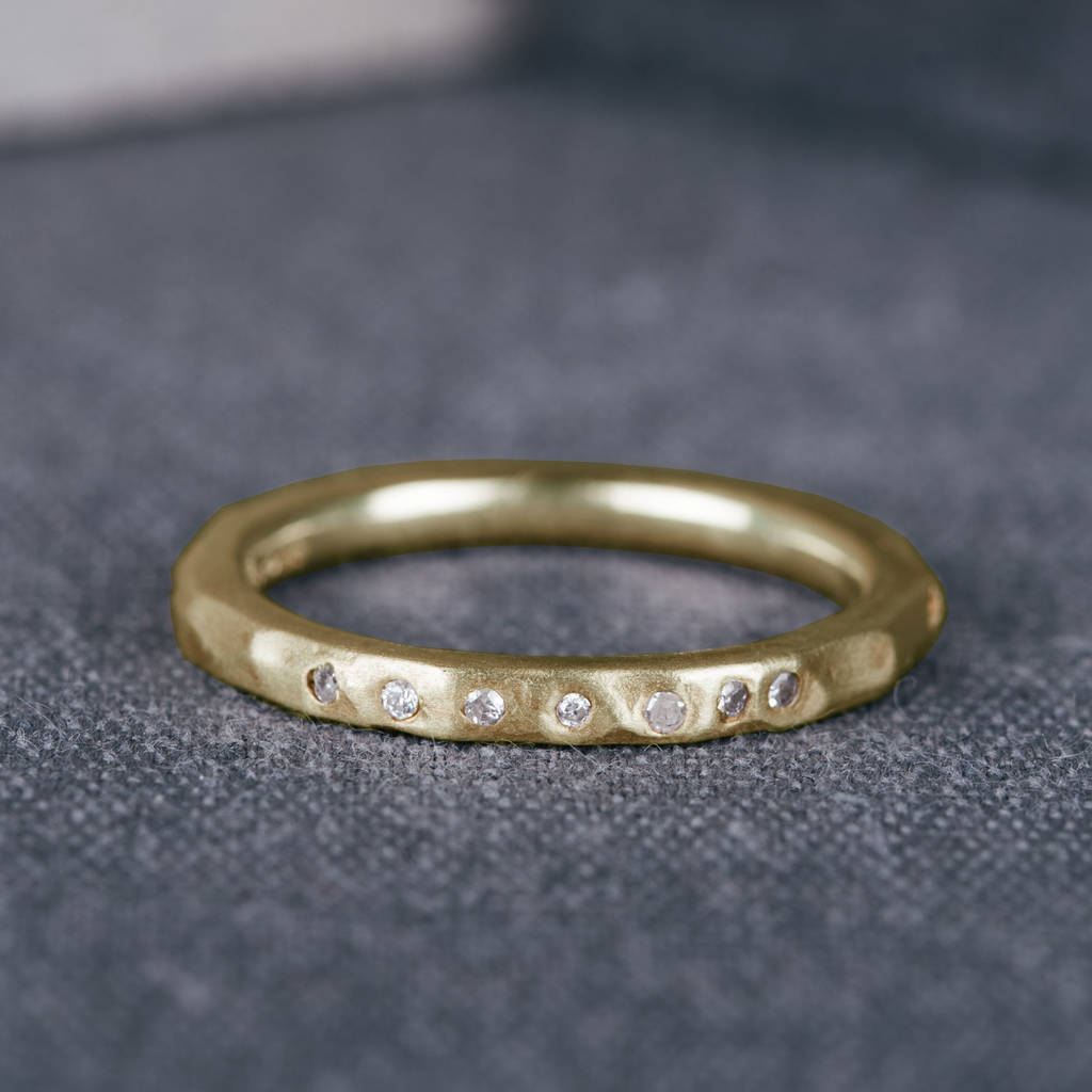 9ct Yellow Gold Hammered Wedding Ring With Diamonds, 1 of 3