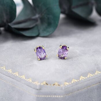 Sterling Silver Amethyst Purple Oval Cz Stud Earrings, 6 of 12