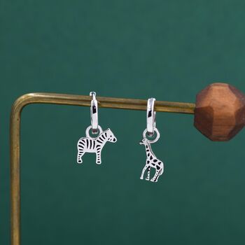 Sterling Silver Mismatched Zebra And Giraffe Hoop Earrings, 6 of 12