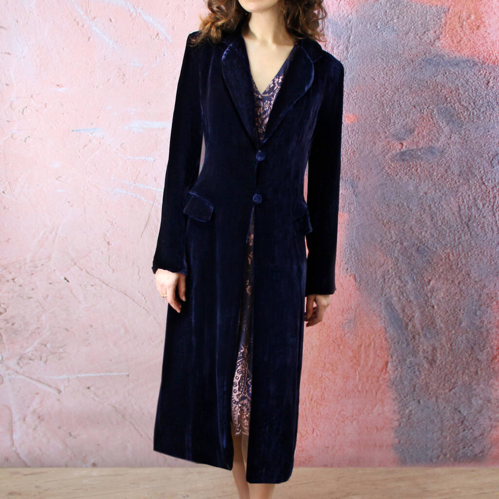 Silk Velvet 1940's Style Coat In Midnight Blue, 1 of 4