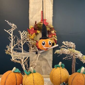 Handmade Felt Flying Pumpkin Halloween Decoration, 4 of 5