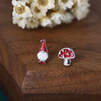 Mismatched Gnome And Mushroom Stud Earrings In Sterling Silver, 5 of 10