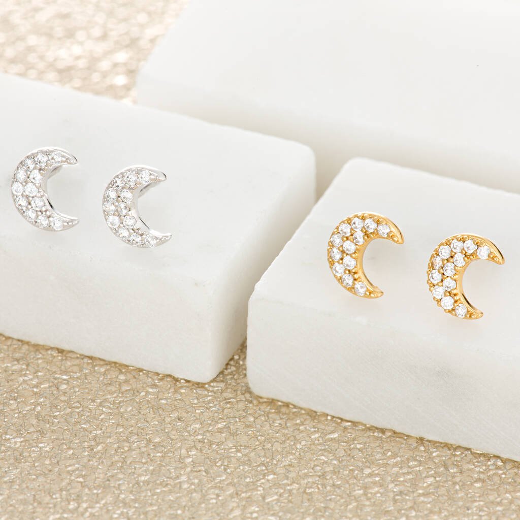 Sparkling Pave Crescent Moon Stud Earrings, 1 of 7