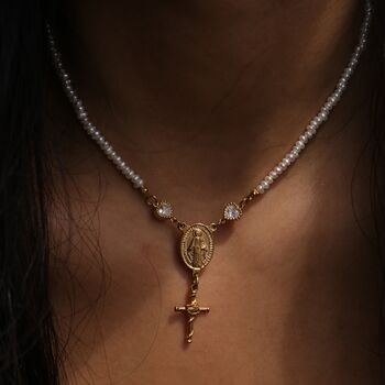 Handmade Freshwater Pearl Rosary Choker With Rose Cross Charm, 8 of 10