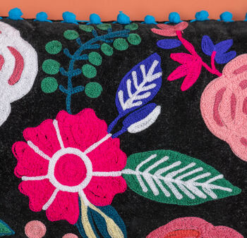 Black Floral Embroidered Cotton Velvet Cushion, 3 of 8