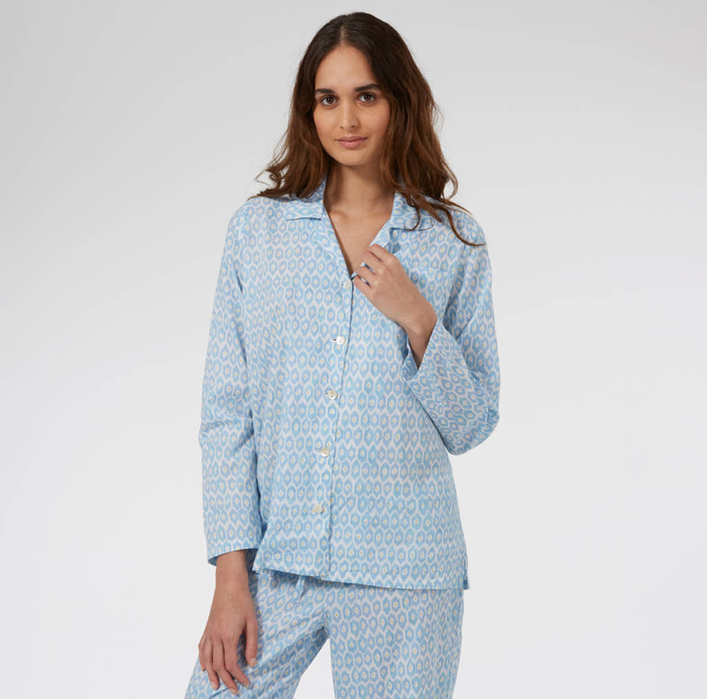Cotton Pyjamas In Blue Hexagon Print By Caro London
