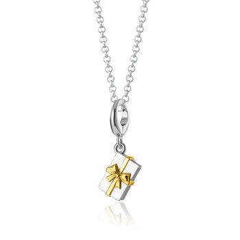 Sterling Silver Christmas Present Charm Necklace With Gold Bow, 5 of 10