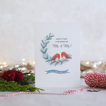 Mistletoe Robins First Married Christmas Card, 4 of 9