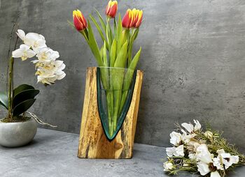 26cm V Shaped Molten Glass Vase On Teak Root – Handmade Wooden, 7 of 12