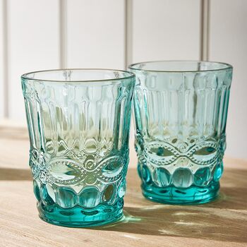 Set Of Four Embossed Turquoise Glass Tumblers, 4 of 8
