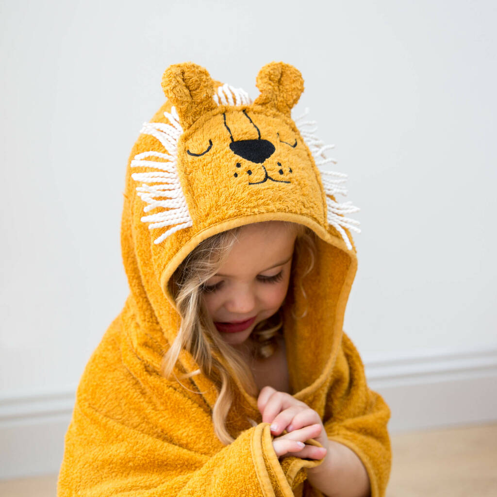 Personalised Lion Face Kids Hooded Cotton Poncho, 1 of 9