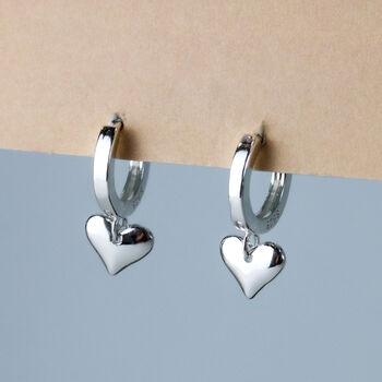 Sterling Silver Heart Dangle Huggie Hoop Earrings, 2 of 6