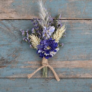 Set Of Three Wedding Dried Flower Dainty Buttonholes Meadow Blues, 4 of 4