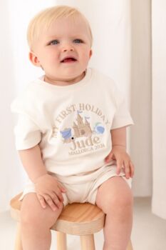 Personalised Embroidered 'My First Holiday' Beach T Shirt And Short Set, 2 of 6