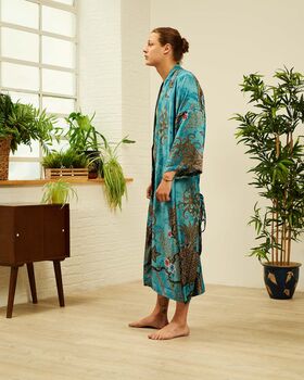 Men's Kimono Ocean Blue Silk Blend, 2 of 4