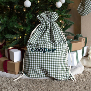 Personalised Green Gingham Gift Sack Embroidered, 3 of 12