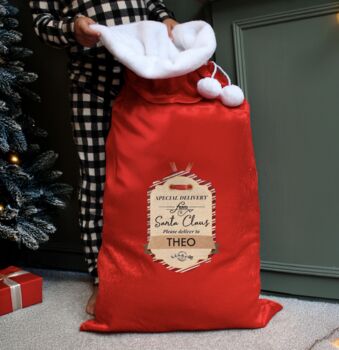 Personalised Special Delivery Luxury Pom Pom Red Sack, 2 of 3