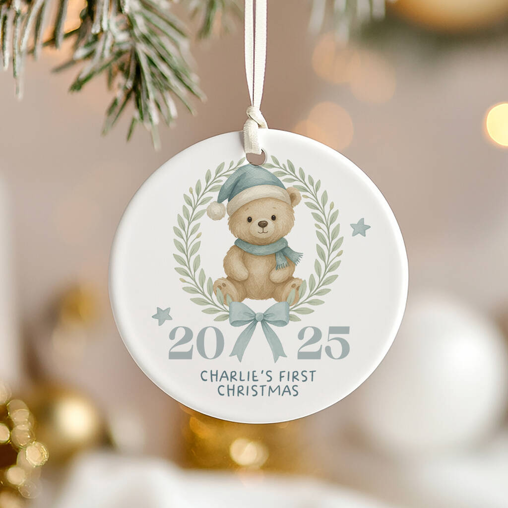 Personalised Baby's First Christmas Teddy Bear Bauble Keepsake In Pink Or Blue, 1 of 7