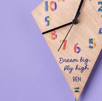 Children's Oak Wood Personalised Kite Wall Clock, 3 of 6