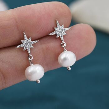 Sterling Silver Starburst Baroque Pearl Drop Earrings, 3 of 12