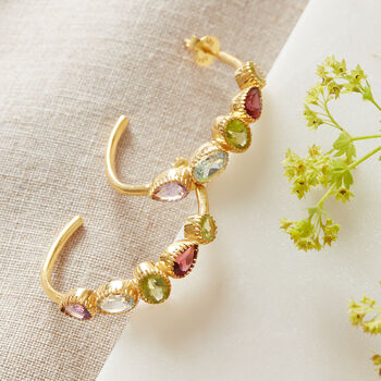 Multi Gemstone Silver Gold Plated Stud Hoops, 5 of 12