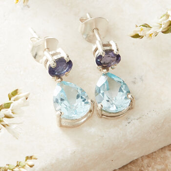 Blue Topaz And Sapphire Silver Stud Back Drop Earrings, 2 of 6