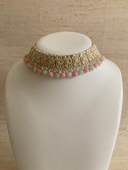 Green And Pink Pearl Lightweight Gold Plated Indian Set, 6 of 9