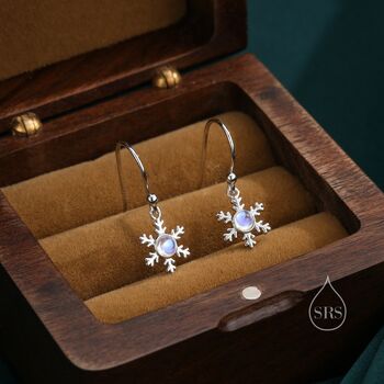 Sterling Silver Moonstone Snowflake Drop Hook Earrings, 3 of 10