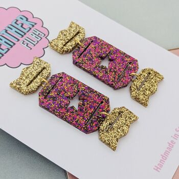 Christmas Cracker Glitzy Glitter Resin Christmas Earrings Red And Gold And Blue And Purple, 2 of 8