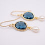 Gold Plated Long Drop Blue And Pearl Earrings, thumbnail 2 of 4