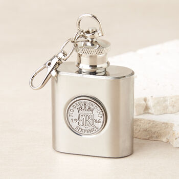 80th Birthday 1946 Sixpence Mini Hipflask Keyring, 2 of 6