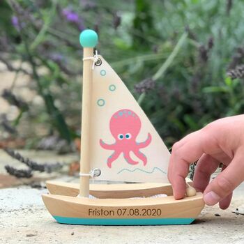 Personalised Wooden Toy Boat Catamaran, 2 of 8