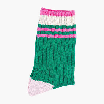 Glitter Mid Calf Ribbed Cotton Socks Varsity Striped Cuff Green Pink, 3 of 4