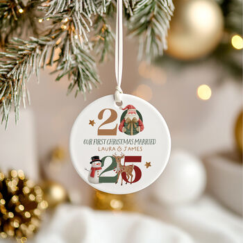 Personalised Ceramic First Christmas Married Tree Bauble In Various Designs, 2 of 6