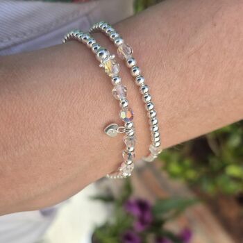Sterling Silver April Crystal Personalised Heart Bracelet Set Of Two Stacking Bracelets: April Birthstone Stacking Jewellery, 5 of 6