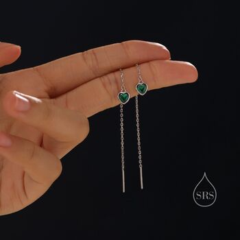 Tiny Emerald Green Cz Heart Threader Earrings, 4 of 10