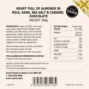 Milk, Dark, Sea Salt And Caramel Chocolate Almond Heart Tin Gift – 300g, 6 of 7