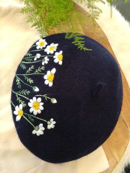 Navy Beret Hat With Daisy Flower, 5 of 5