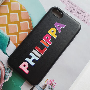Personalised Rainbow Font Black Pu Leather Phone Case, 7 of 7