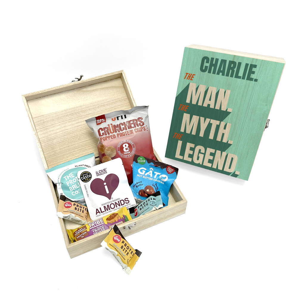 Personalised 'The Legend' Protein Vegan Snacks Box, 1 of 5