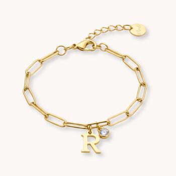 Gold Initial And Birthstone Paperclip Chain Bracelet, 2 of 7