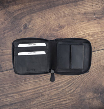 Men's Black Leather Wallet Zip Around Rugged Black Leather Rfid Protected, 2 of 7