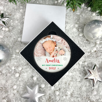 My First Christmas Photo Ceramic Disc Hanging Decoration Bauble + Gift Box, 2 of 5
