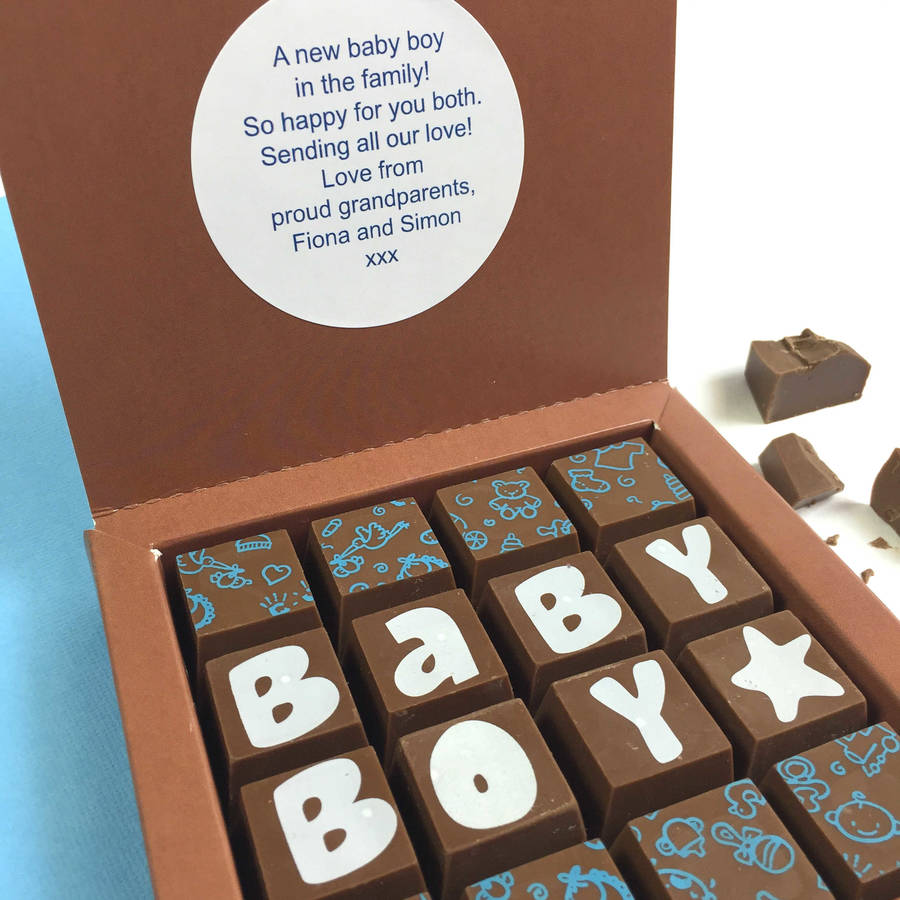 personalised new baby boy message chocolates by cocoapod chocolates
