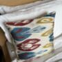 Square Ikat Silk Cushion Abstract Multi Coloured Yellow, Blue, Burgundy, thumbnail 7 of 9