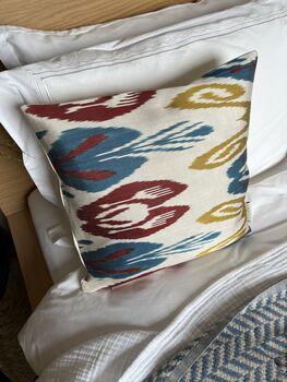 Square Ikat Silk Cushion Abstract Multi Coloured Yellow, Blue, Burgundy, 7 of 9