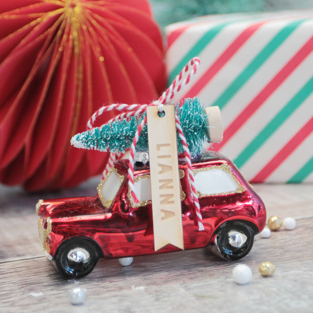 Red Retro Car And Tree Christmas Tree Decoration By Postbox Party